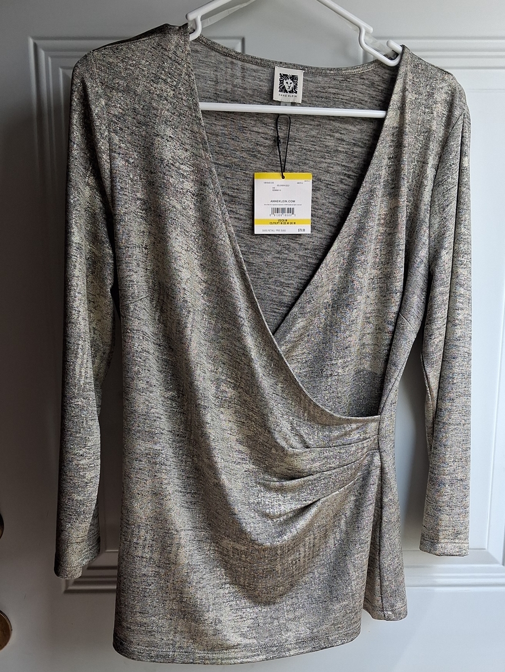 Anne Klein Metallic Heathered Gray Wrap-Front Long Sleeve Top